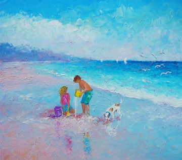 風景 Painting - ビーチで犬と男の子と女の子